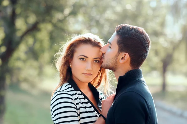 Protective Loving Man Kissing Girlfriend Forehead — Stock Photo, Image