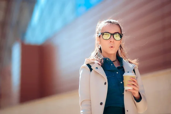 Trendy Casual Girl Sunglasses Coffee Going Work — Stok Foto