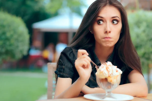 Girl Heisting Eat High Calorie Ice Cream Dessert — Stok Foto