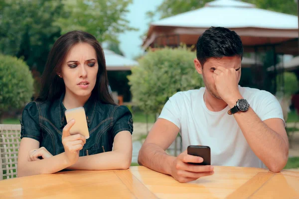 Curious Girlfriend Checking Boyfriend Phone Receiving Texts Messages — Stock Photo, Image