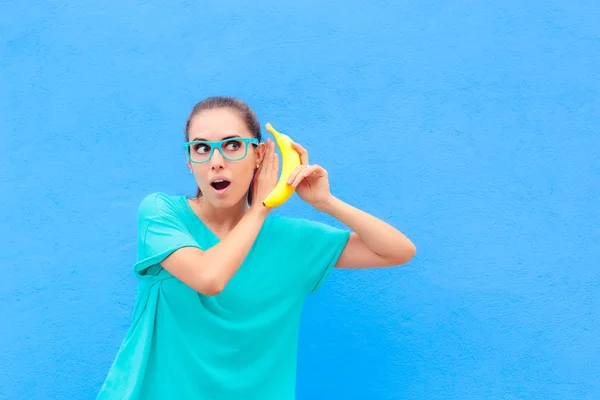 Funny Girl Eyeglasses Banana Phone Blue Background — Stok Foto
