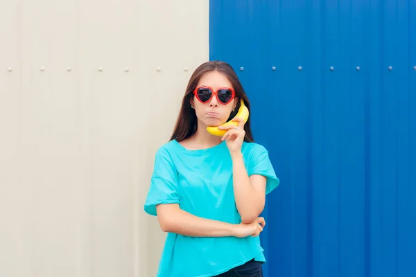 Heart Shape Sunglasses Woman Funny Banana Phone — Stock Photo, Image