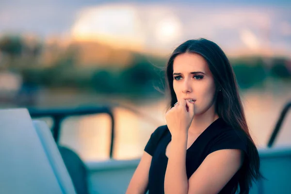 Sad Anxious Woman Traveling on Water Dealing with Phobia