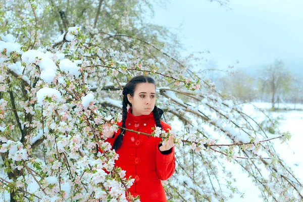 Verrast Meisje Door Sneeuw Bedekking Lentebloemen Bloeiende Boom — Stockfoto