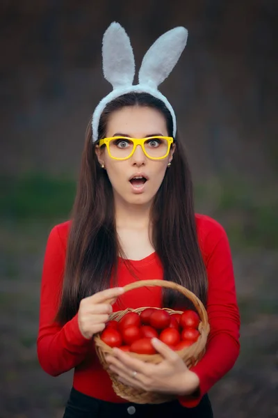 Funny Cute Girl Holding Basket Red Easter Eggs — Stok Foto