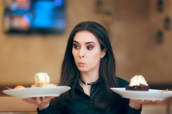 Girl Trying Decide Vanilla Chocolate Cake Dessert — Stok Foto