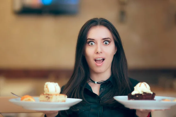 Girl Trying Decide Vanilla Chocolate Cake Dessert — Stok Foto