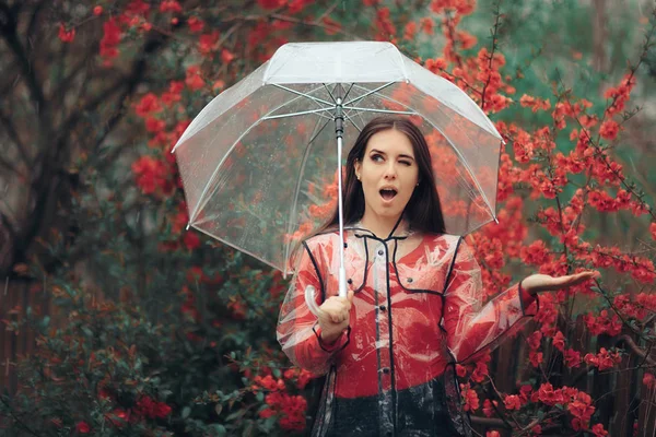 Excited Girl Happy Rain Holding Her Umbrella — Stock Photo, Image