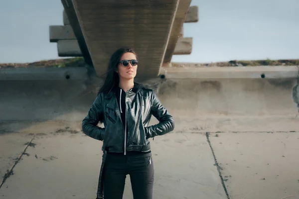 Fashion Woman Sunglasses Leather Jacket Rock Biker Style — Stock Photo, Image