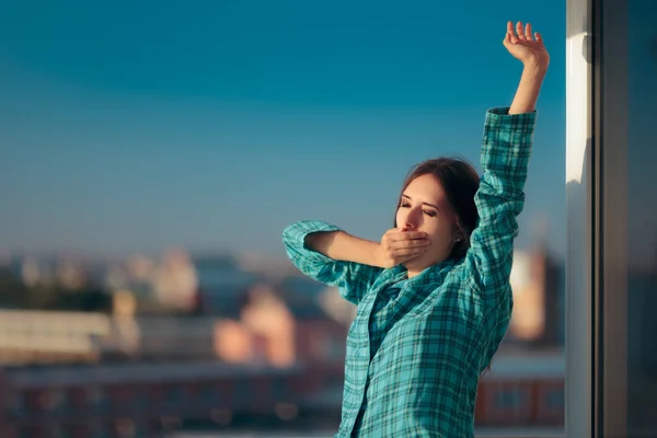 Sleepy Morning Woman Pajamas Yawning Balcony — Stok Foto