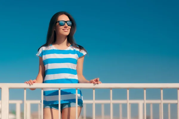 Beautiful Summer Fashion Girl Navy Striped Shirt Sunglasses — Stock Photo, Image