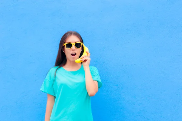 Funny Girl Sunglasses Banana Phone Blue Background — Stok Foto