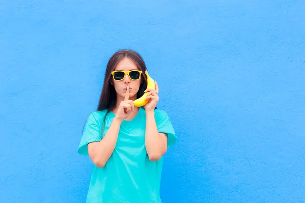 Funny Girl Sunglasses Banana Phone Blue Background — Stok Foto
