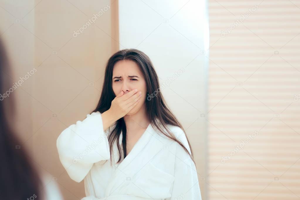 Tired  Woman in Bathrobe Feeling Sleepy After Bath