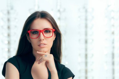 Gözlük optik mağazada giyen kadın 