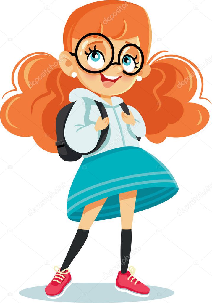 Cute School Girl with Backpack Vector Cartoon