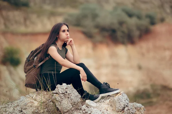 Tired Woman Sitting Rocky Cliff — Stock Photo, Image