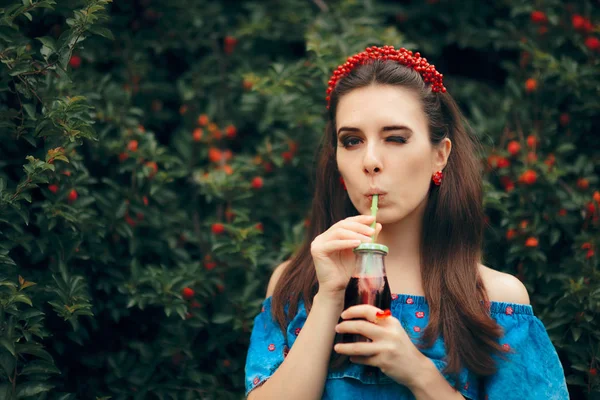 Cute Summer Girl Drinking Cherry Fruit Juice Outdoors — Stock Photo, Image