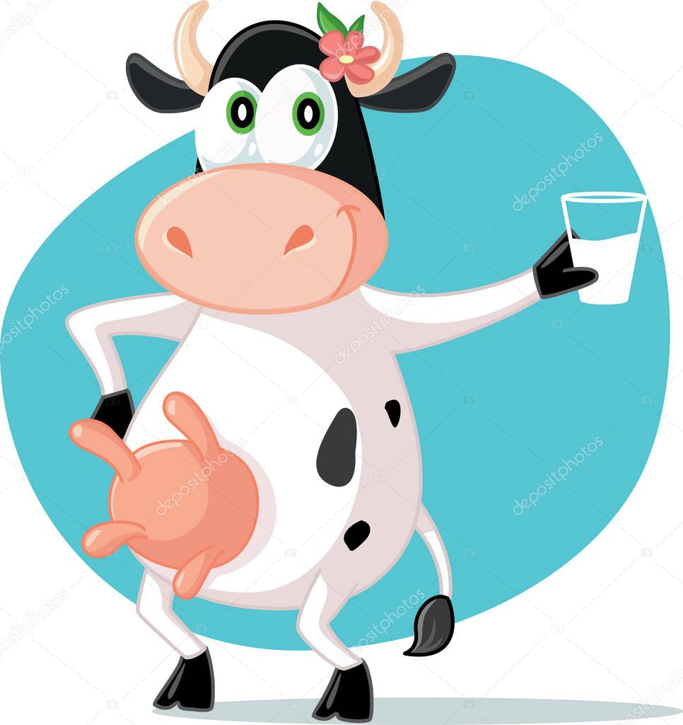 Cartoon Mascot Cow Holding a Glass of Milk