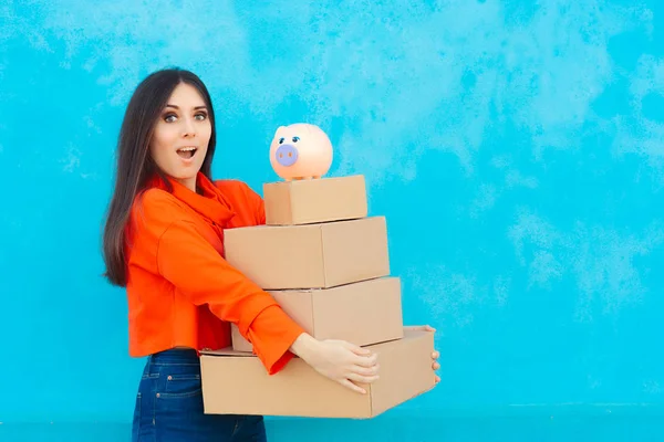 Woman with Many Cardboard Boxes Packages Received from Delivery Service