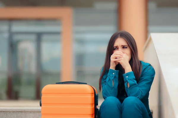 Sad Woman Leaving Suitcase Painful Break Stock Image