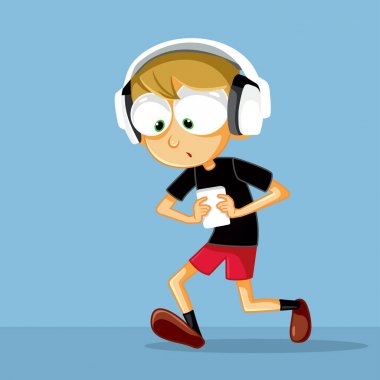 Onun akıllı telefon vektör çizim kontrol kulaklık ile komik çocuk