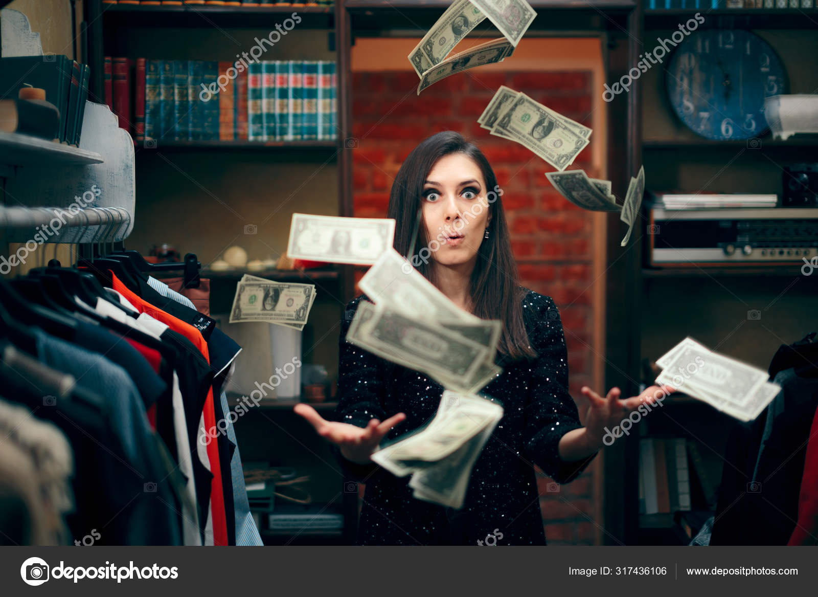 Woman Throwing Money Clothing Store Sale Season Stock Photo by