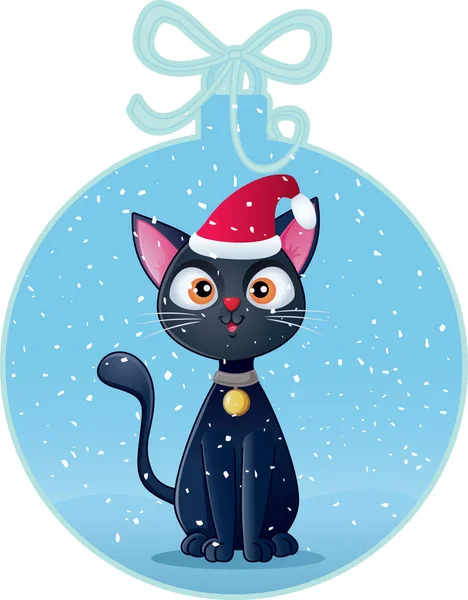 Lindo Gato Negro Navidad Tarjeta Vacaciones Bola — Archivo Imágenes Vectoriales