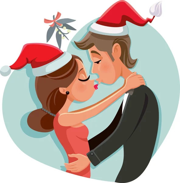 Kecupan Pasangan Bawah Ilustrasi Vektor Mistletoe Natal - Stok Vektor