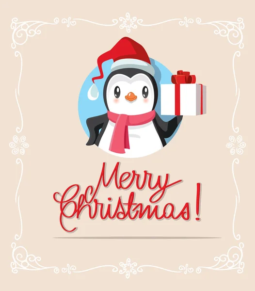 Penguin Holding Christmas Gift Poster Design — Stock Vector