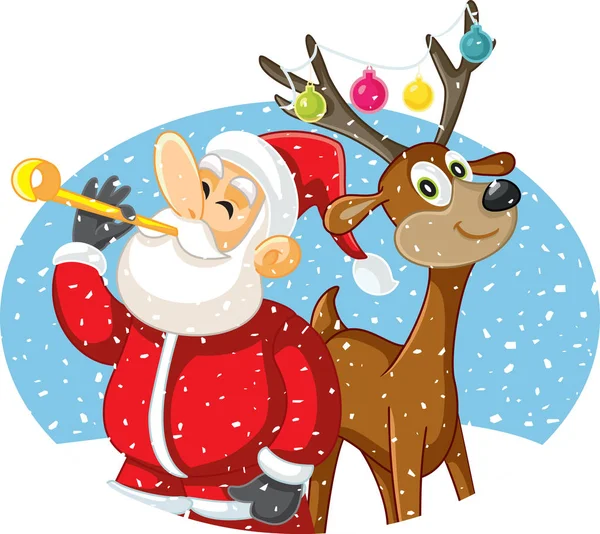Santa Claus His Reindeer Celebrating Christmas Vector Illustration — Stock Vector