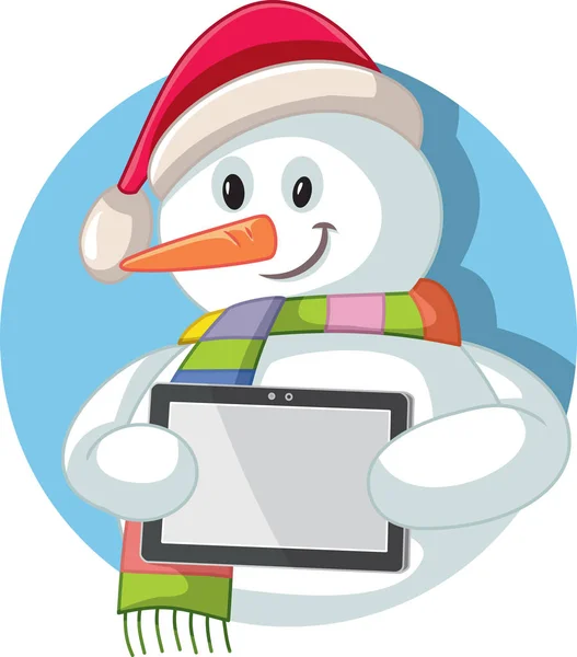 Cartoon Natal Boneco Neve Segurando Digital Tablet — Vetor de Stock