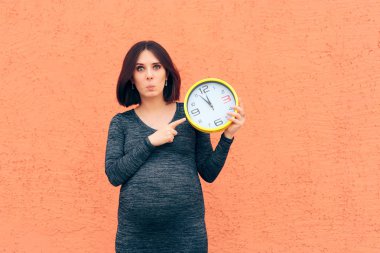 Cheerful Girl Holding a Clock Awaiting her Baby clipart
