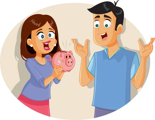 Feliz Pareja Ahorrando Dinero Sosteniendo Alcancía — Vector de stock