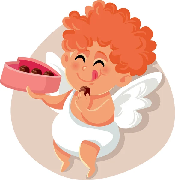 Funny Cupidon Manger Des Pralines Chocolat Boîte Forme Coeur — Image vectorielle