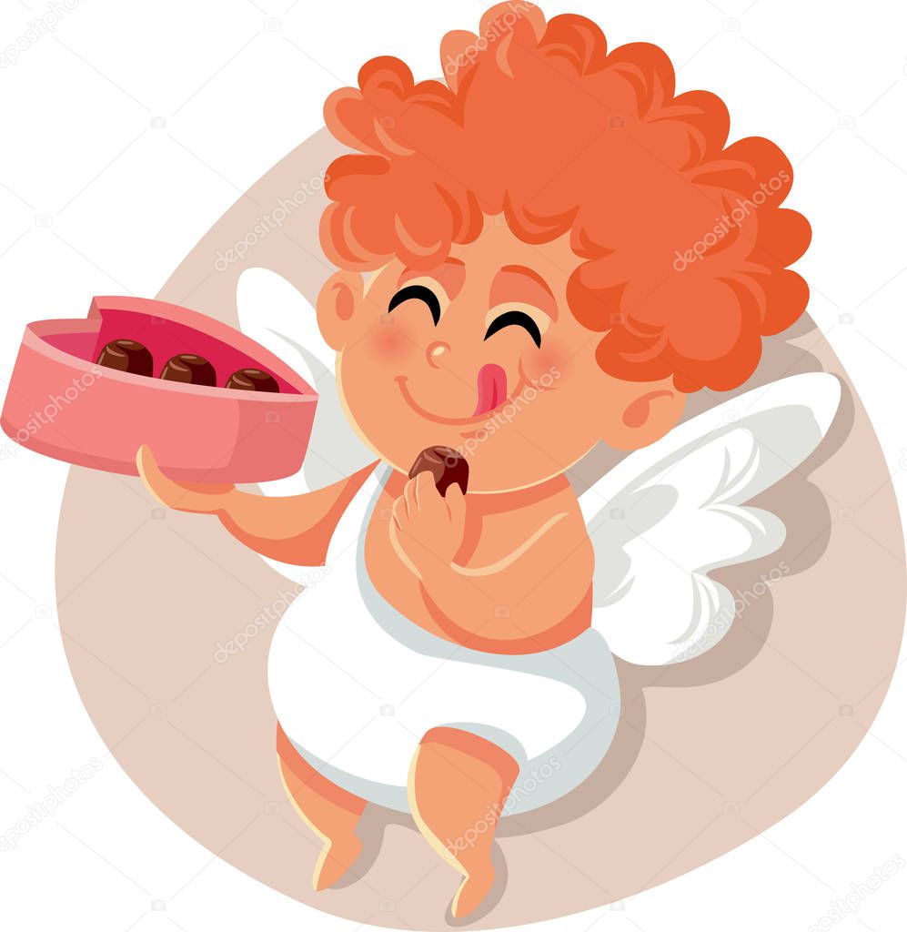 Funny Cupid Eating Chocolate Pralines from Heart Shaped Box