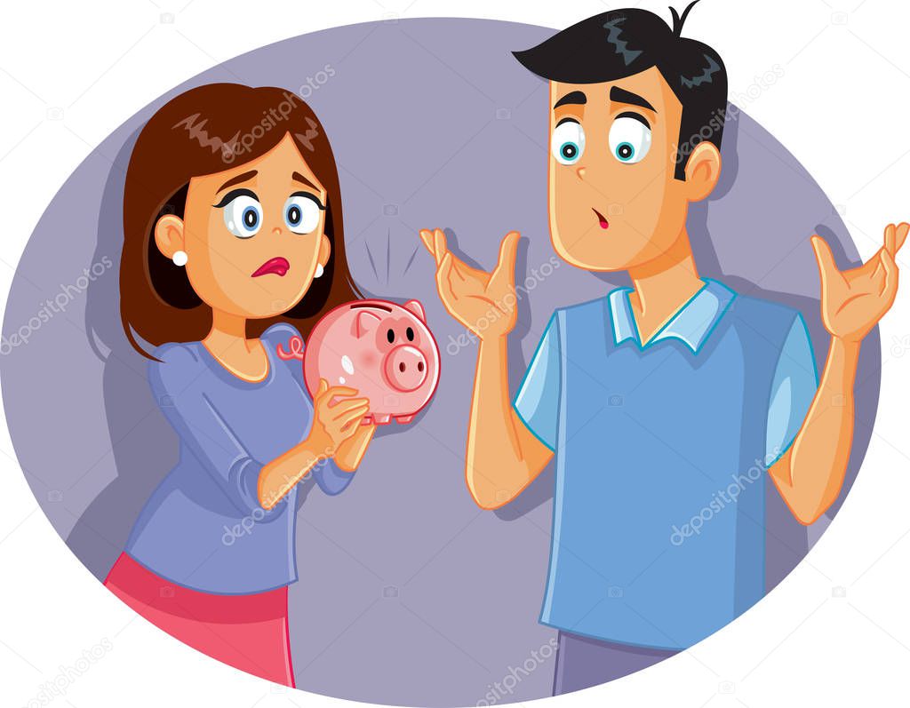 Sad Broke Husband and Wife Having Holding Piggy Bank