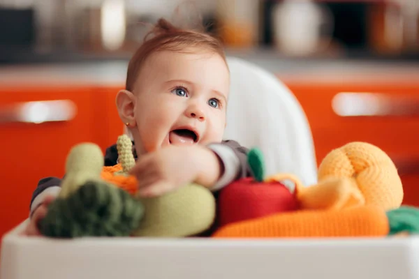 Funny Baby Knitted Vegetables Start Food Diversification Dalam Bahasa Inggris — Stok Foto