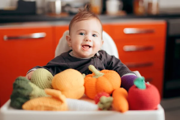 Funny Baby Knitted Vegetables Start Food Diversification Dalam Bahasa Inggris — Stok Foto