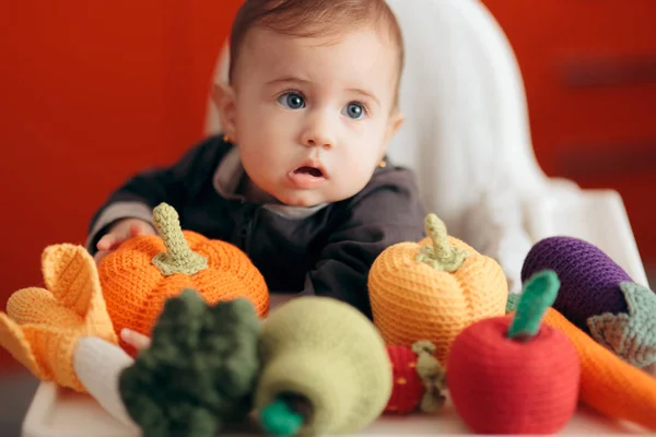 Funny Baby Knitted Vegetables Start Food Diversification Dalam Bahasa Inggris — Stok Foto