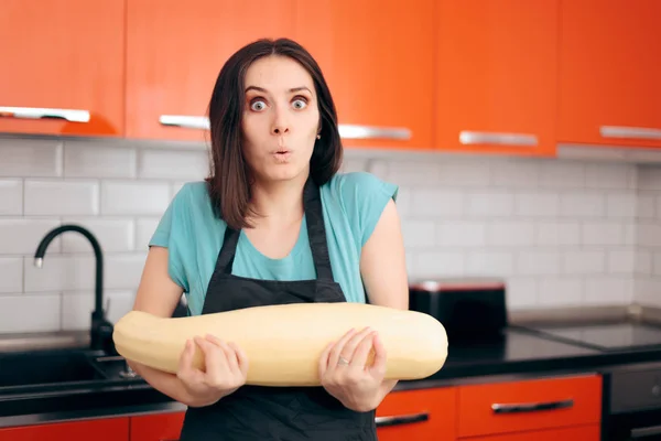 Woman Cooking Apron Holding Giant Zucchini — Stock Photo, Image