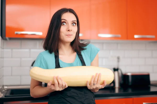 Woman Cooking Apron Holding Giant Zucchini — Stock Photo, Image