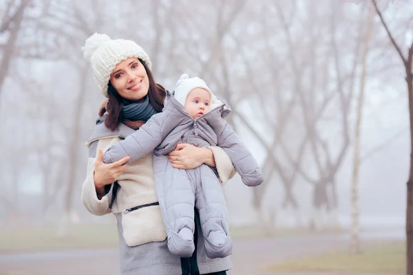 Mother Taking Baby Out Walk Winter — 스톡 사진