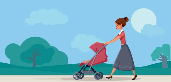 Madre Con Bebé Pram Caminando Parque — Archivo Imágenes Vectoriales