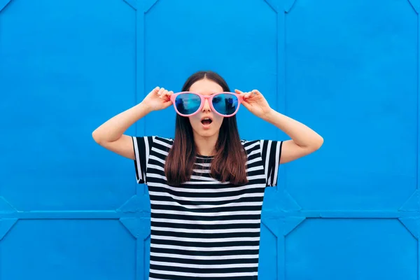 Funny Girl Huge Party Glasses Celebrating — Stock Photo, Image