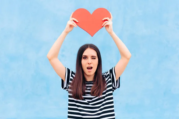 Girl Love Holding Big Red Heart — Stock Photo, Image