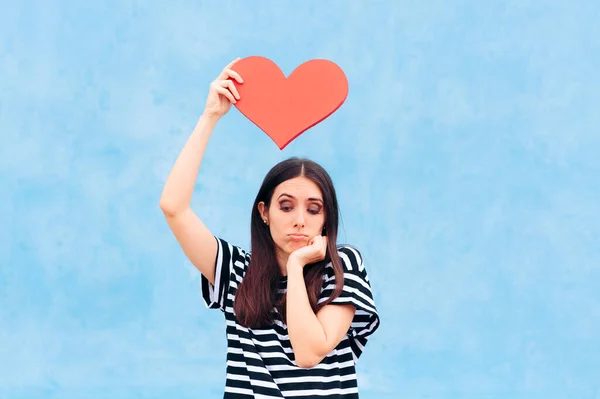 Sad Girl Love Holding Big Red Heart — Stock Photo, Image