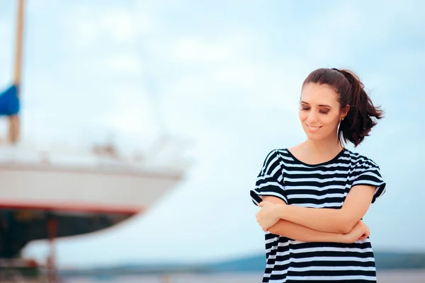 Portrait Summer Tourist Girl Visiting Harbor Royalty Free Stock Photos