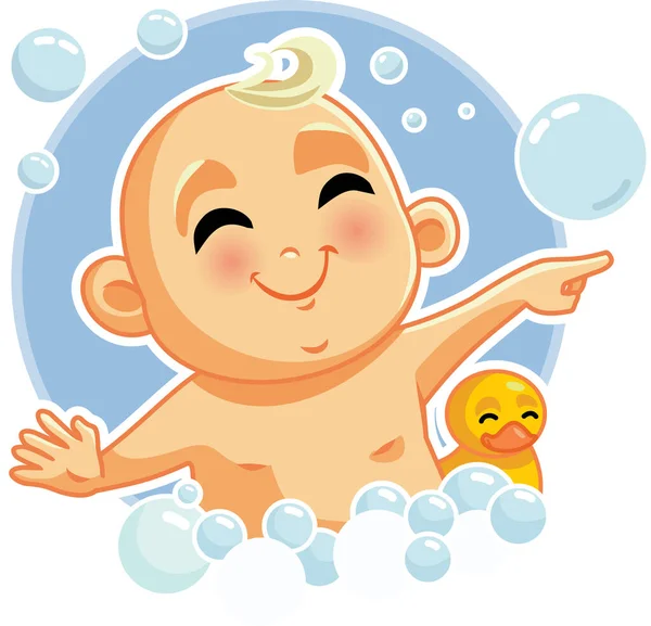 Baby Taking Bath Rubber Duck Vector Cartoon — Stock Vector