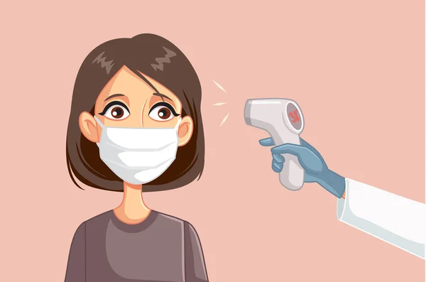 Doctor Measuring Temperature Female Patient Wearing Surgical Mask — Stock Vector